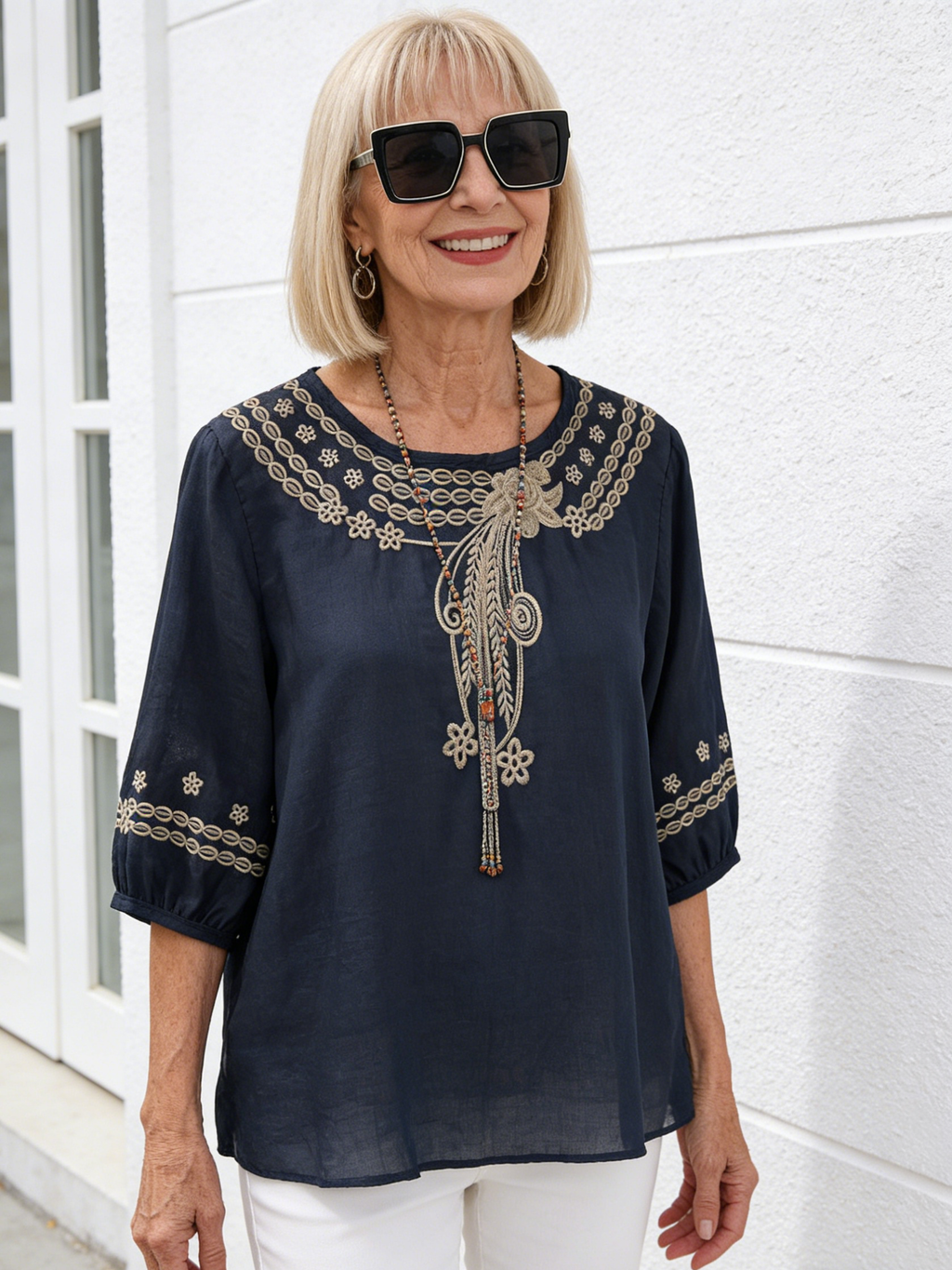 Cotton and Linen Embroidered Shirt with Seven-quarter Sleeves, Thin Temperament, Loose and Versatile Pullover Top