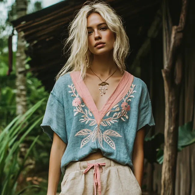 Women's Vintage Floral Blue And Pink Embroidery V Neck Casual Linen Top