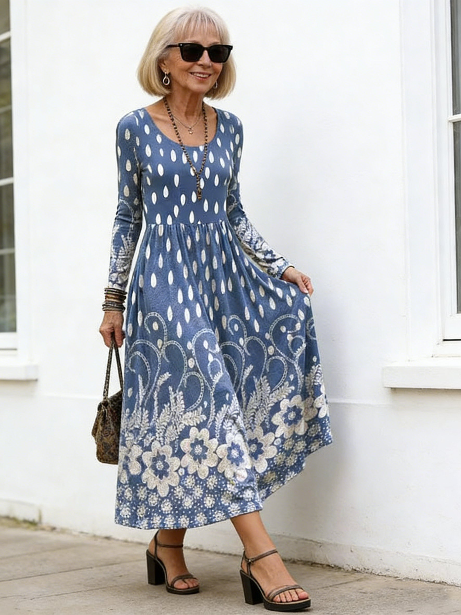 Fashion Crew Neck Long Sleeve Women's Print Flower Pattern Medium Dress Women's Dress