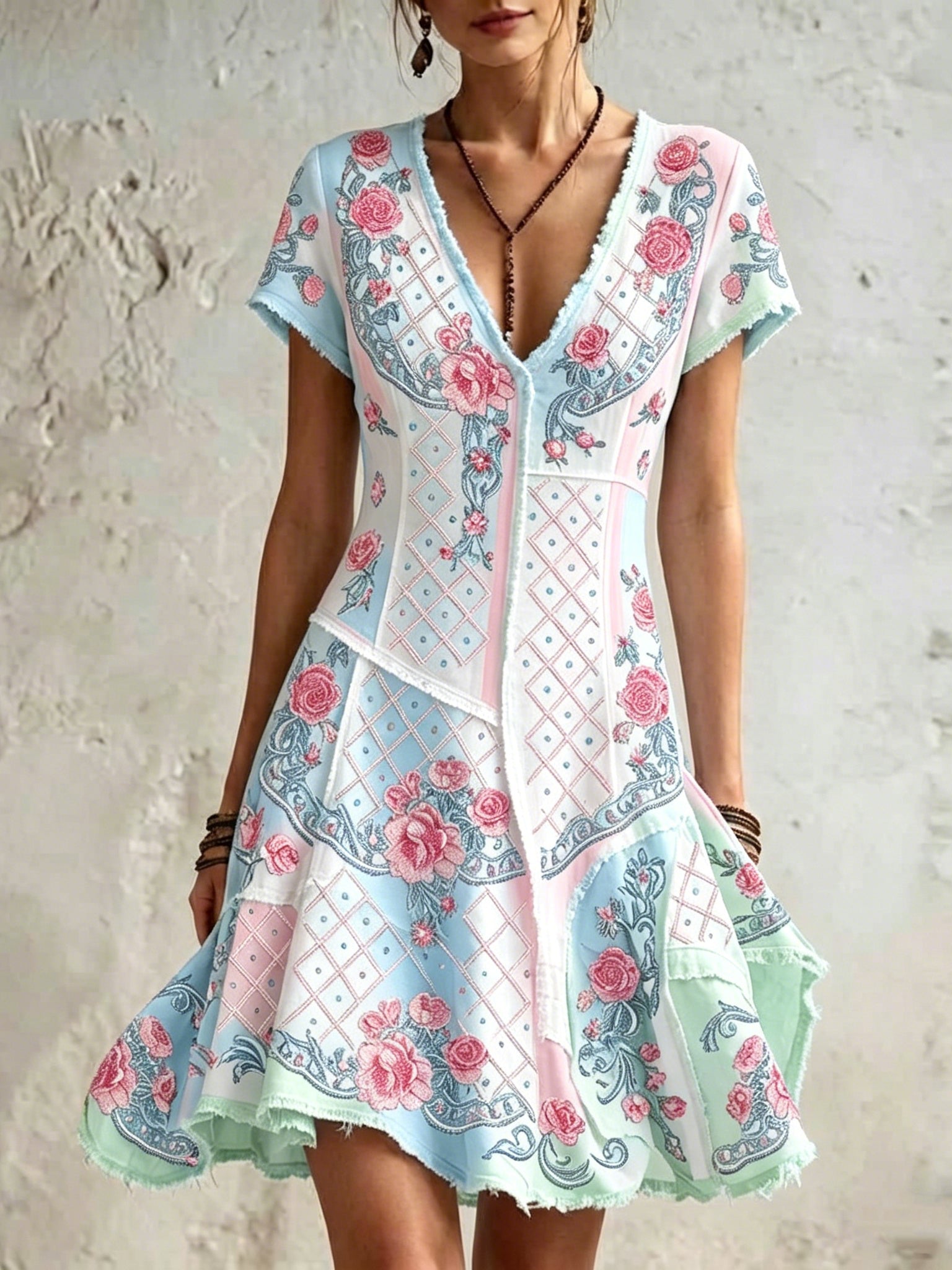 Women's Retro Rose Floral Embroidery Pattern Short Sleeve Linen Dress
