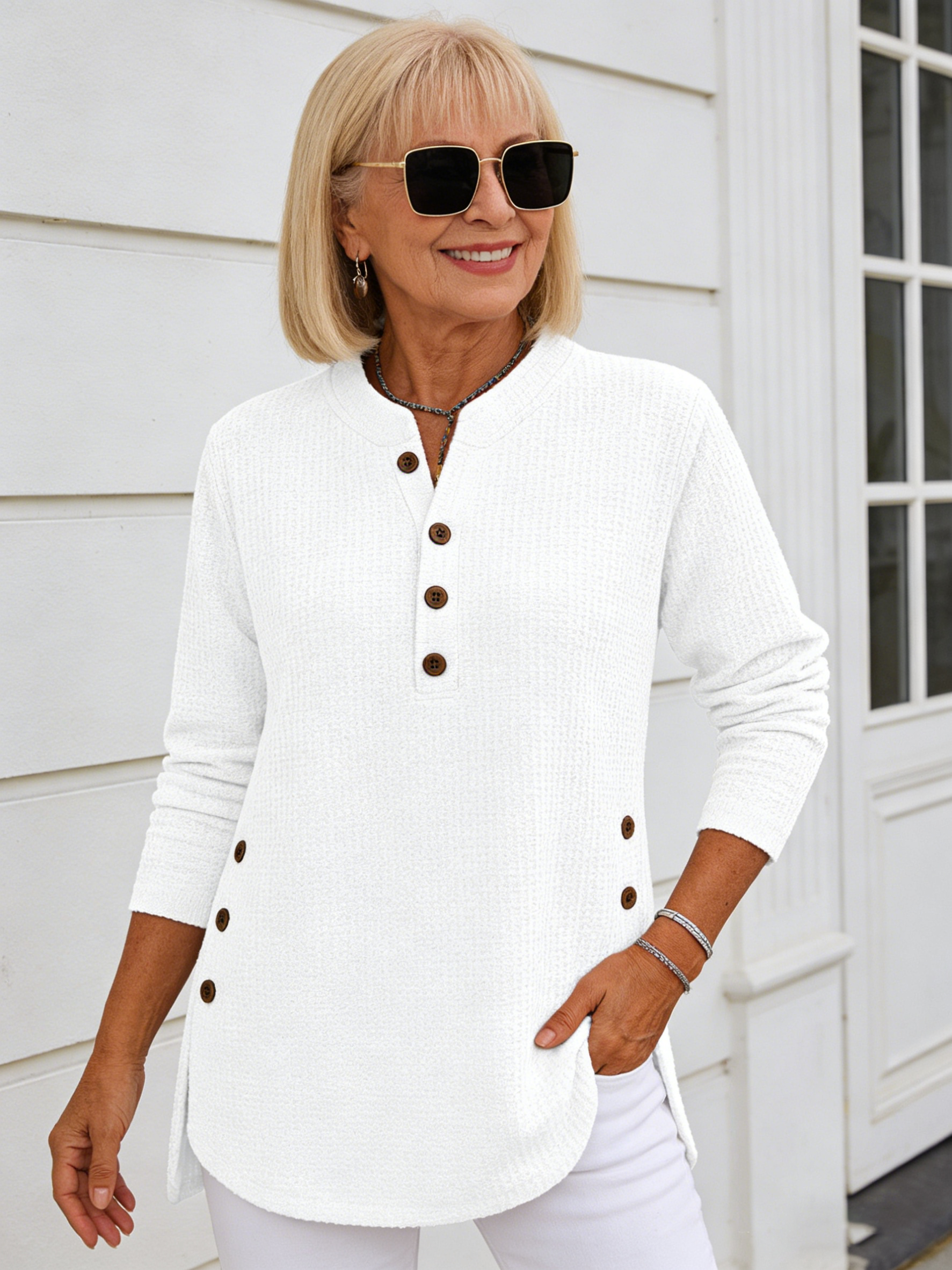 Corduroy Solid Color Loose Casual V-Neck Button Long Sleeve Women's Top T-Shirt