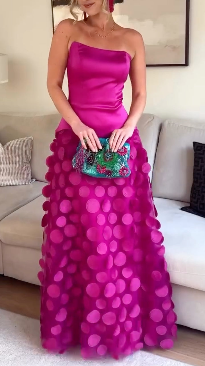 Fuchsia 3D Dot Strapless Satin Maxi Dress