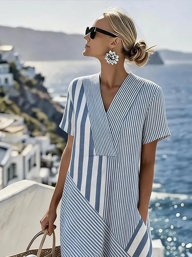 Women's Casual V-Neck Striped Loose Dress