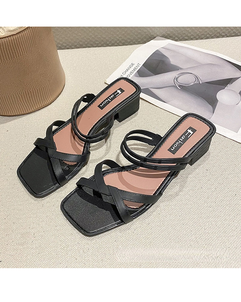 Chunky Heel Wedge Slippers Sandals Two-Way Beach Seaside Half Slippers