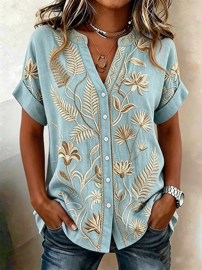 Women's floral cotton and linen shirt