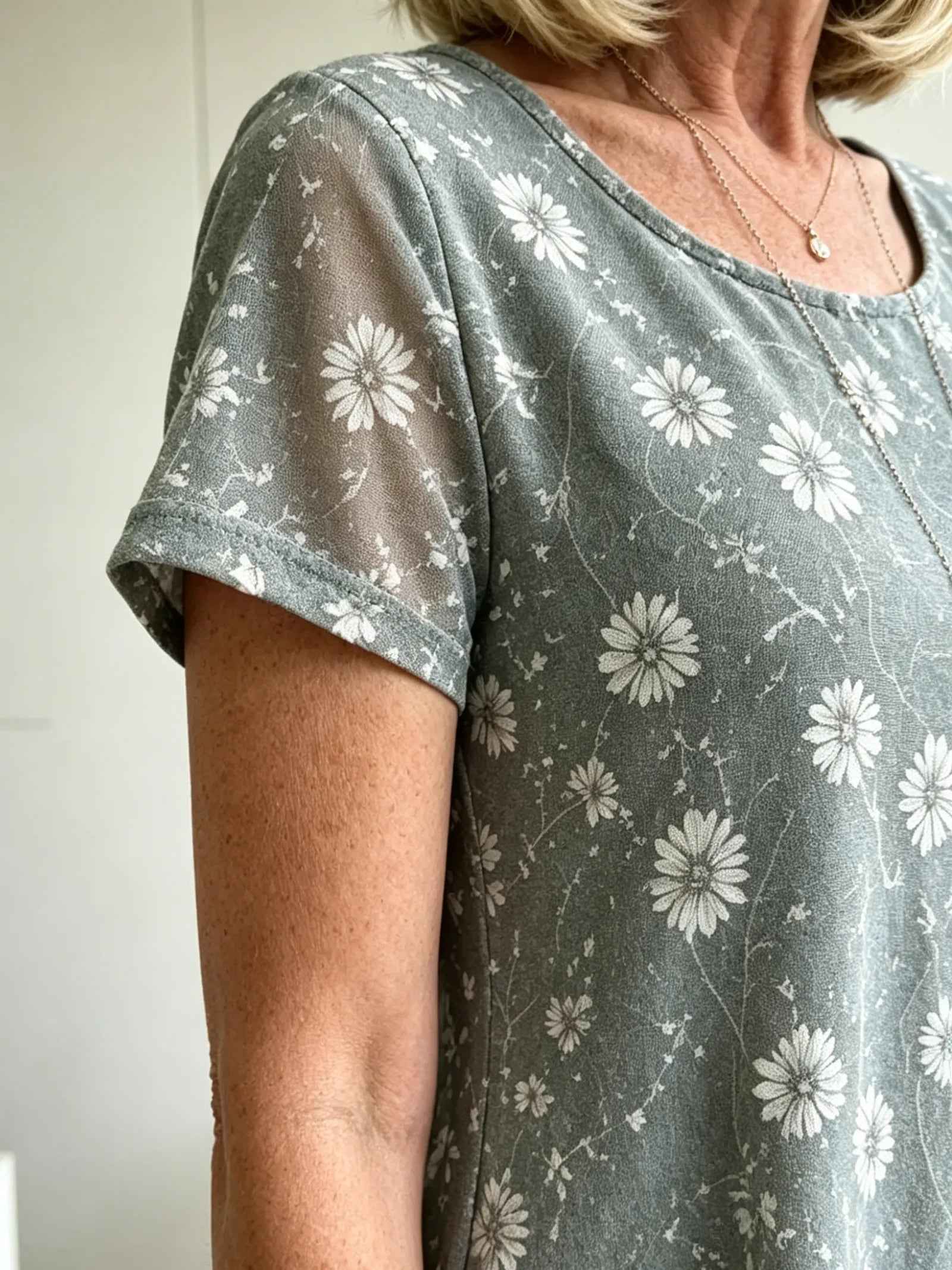 Grey & Orange Floral Mesh Layered Midi Dress, Round Neck 3/4 Sleeve Loose Tummy Concealing Plus Size Dress for Mature Women