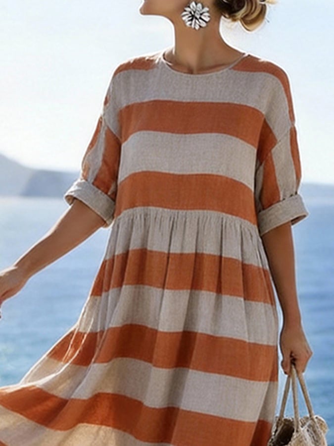 Women'S Casual Round-Neck Striped Vacation Dress