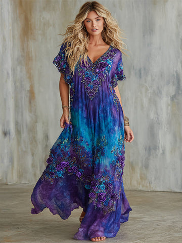 Women's Floral Embroidery Gradient Casual V-neck Dress