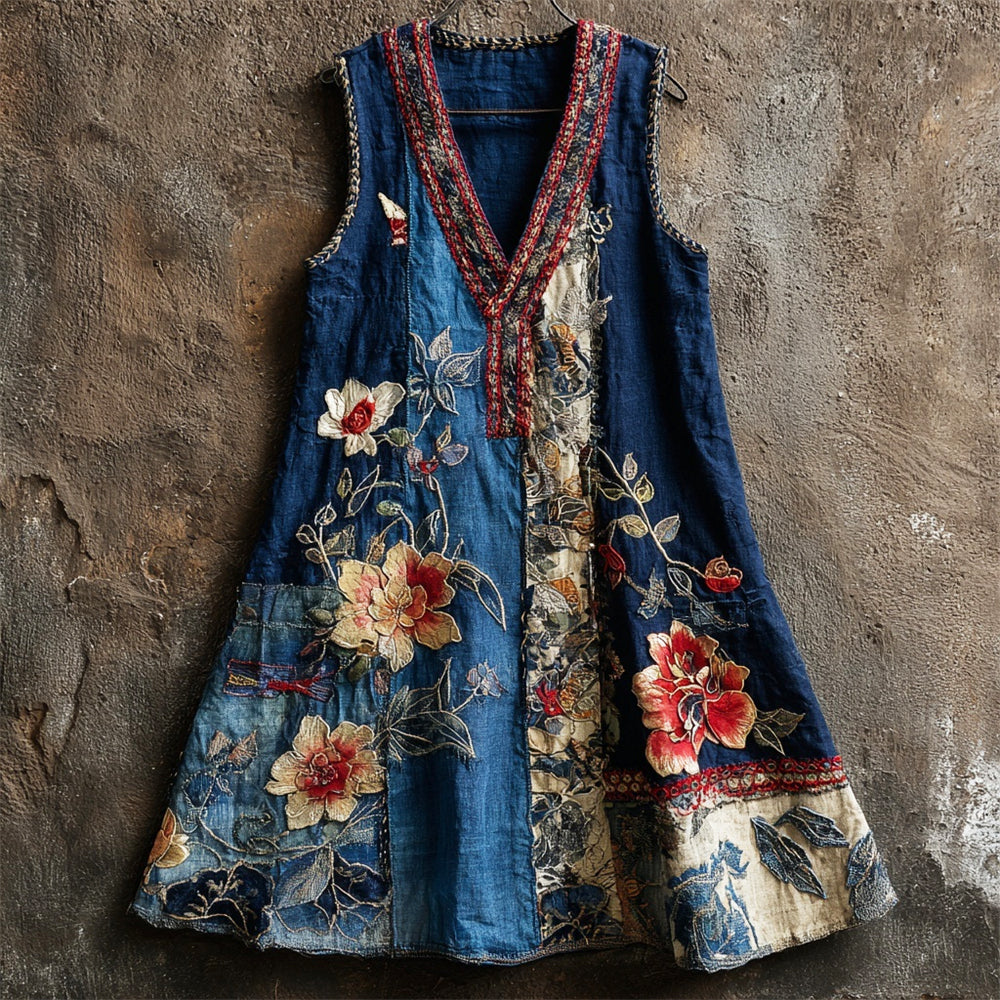 Japanese Art Vintage Floral Embroidery Women's Linen V-neck Vest Dress