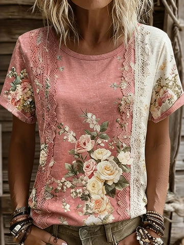 Women's Vintage Floral Art Print Flowy Short Sleeve Tshirt