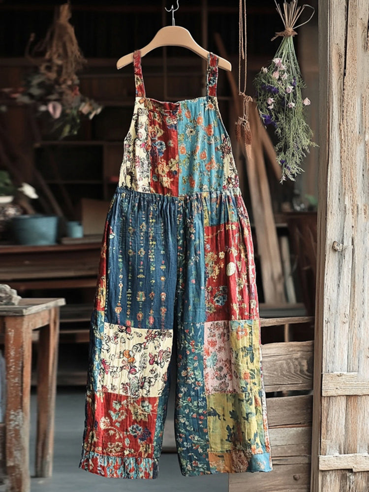 Wildflower Patchwork Print Linen Jumpsuit