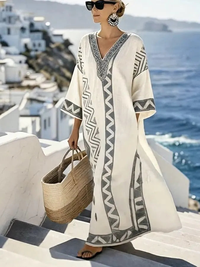 Women'S Casual Color-Block Cotton And Linen Dress