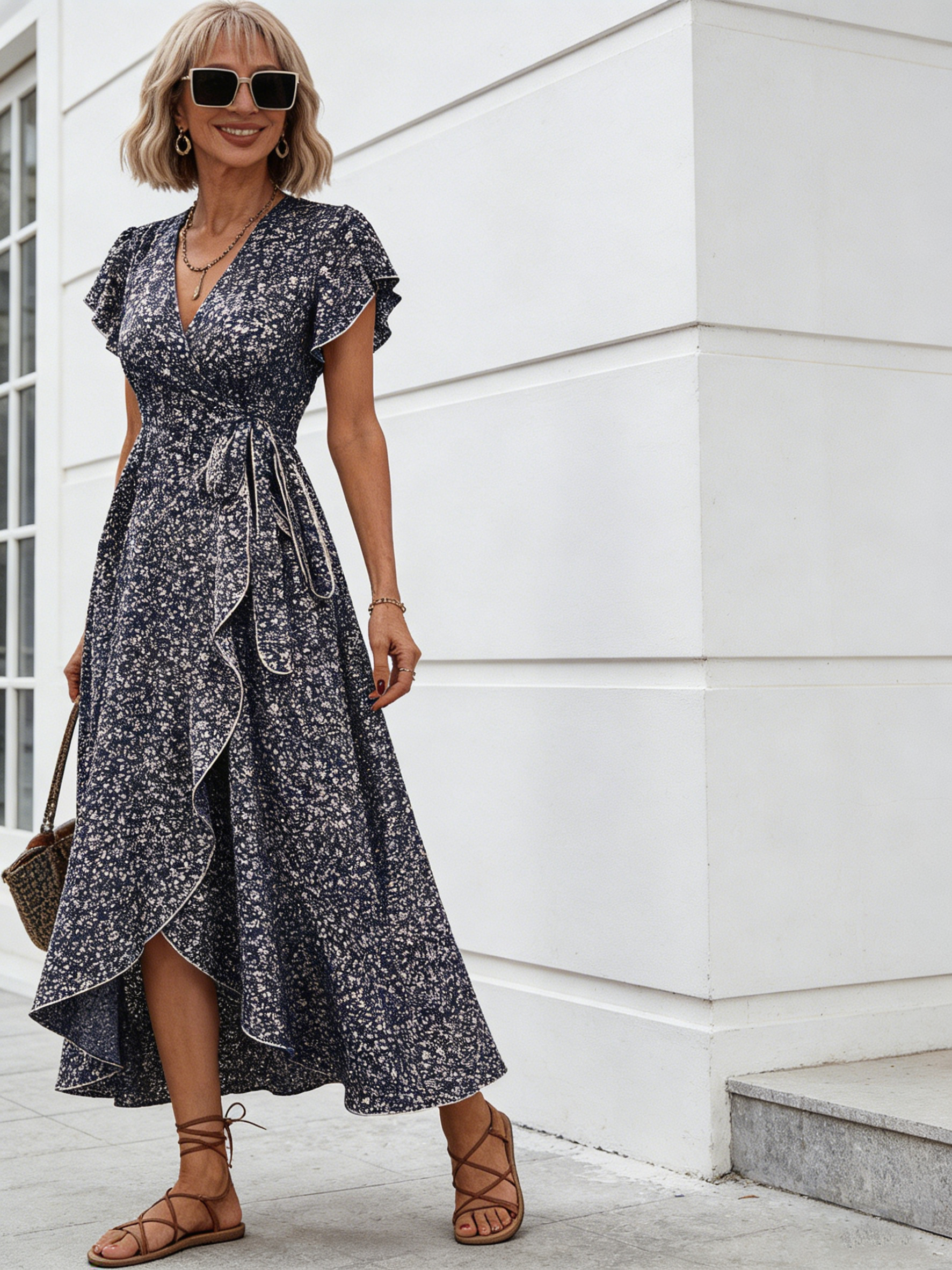 Small Floral V-neck Cardigan Belt Wrap Short Sleeve Bohemian Vacation Dress Women