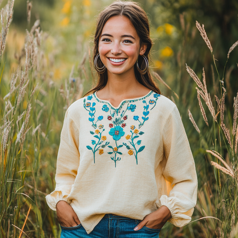 Charming Floral Mexico Embroidered Blouse For Spring And Summer