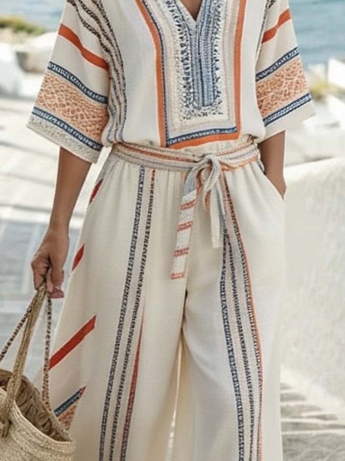 Women'S Casual Striped Color-Block Wide-Leg Pants Set