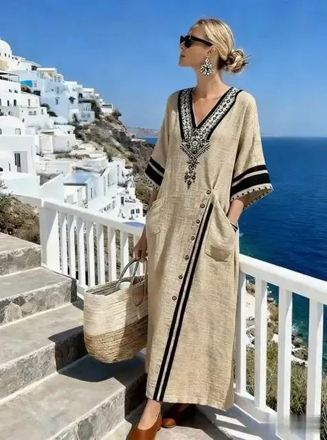 Women'S Casual Color-Block Cotton And Linen Dress