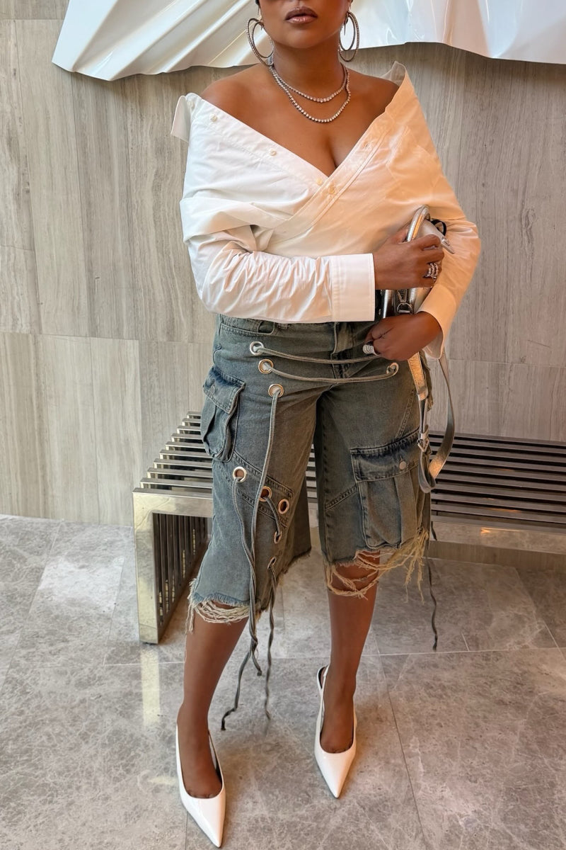 Off‐Shoulder Wrap Shirt & Denim Cargo Knee Shorts Outfit