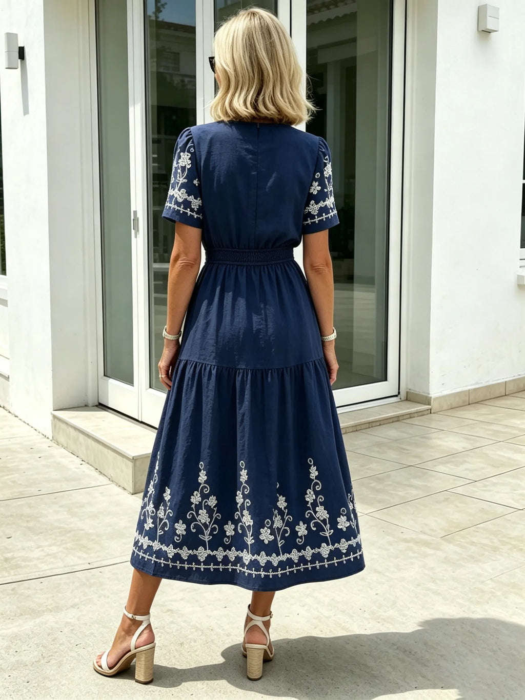 Simia Floral Short-sleeved Dress V-neck A-shaped Skirt