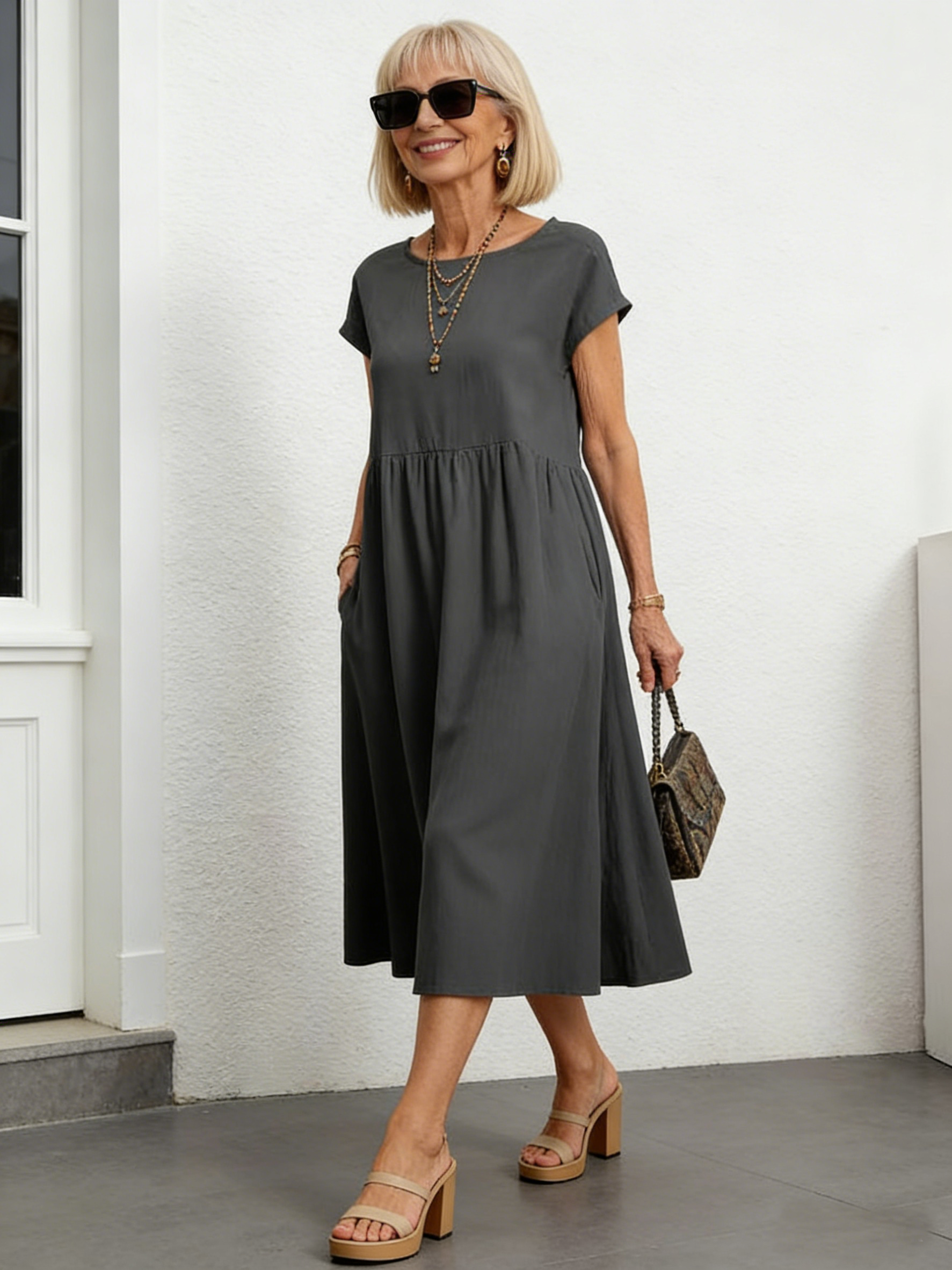 Solid Color Sleeveless Loose Cotton and Linen Pockets, Dress