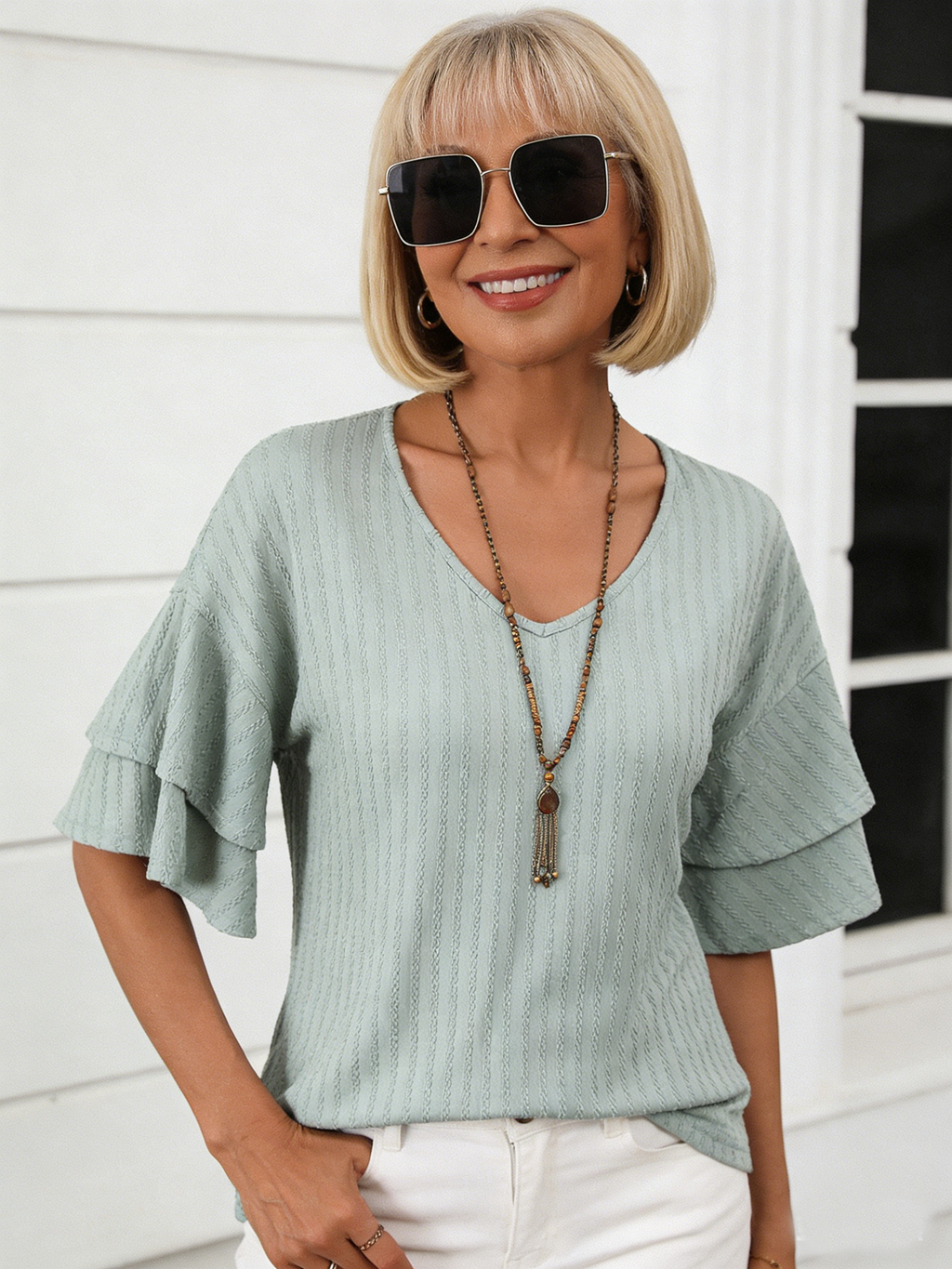 Textured Fabric Solid Color V-Neck Lotus Leaf Sleeve Short Sleeve T-Shirt Top