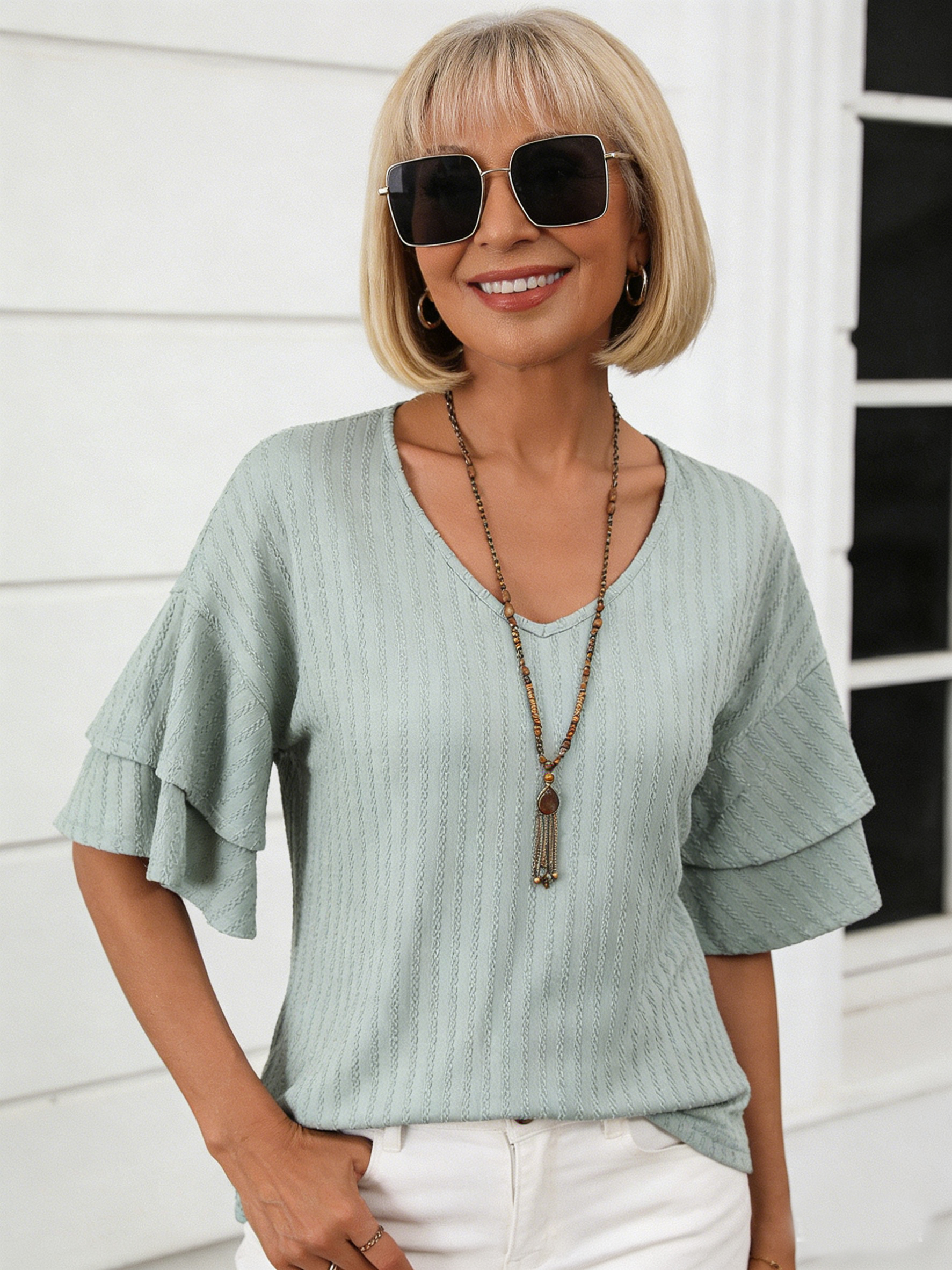 Textured Fabric Solid Color V-Neck Lotus Leaf Sleeve Short Sleeve T-Shirt Top