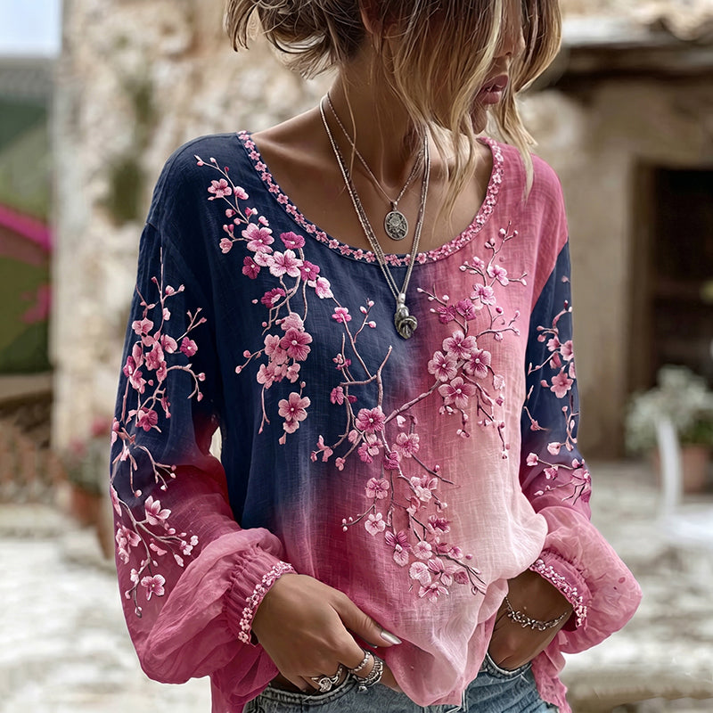 Women's Retro Sakura Gradient Art Round Neck Long Sleeve T-shirt