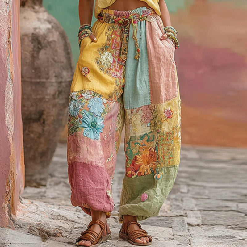 Women's Vintage Bohemian Floral Embroidery Patchwork Art Linen Blend Pants