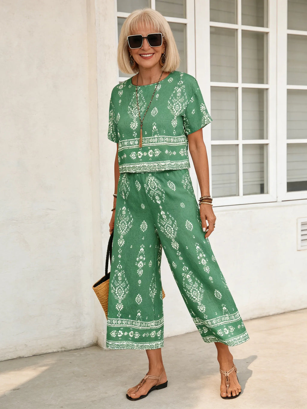 2Pcs Contrasting Color Ethnic Pattern Printed Short-sleeved Top + Straight Pants Set