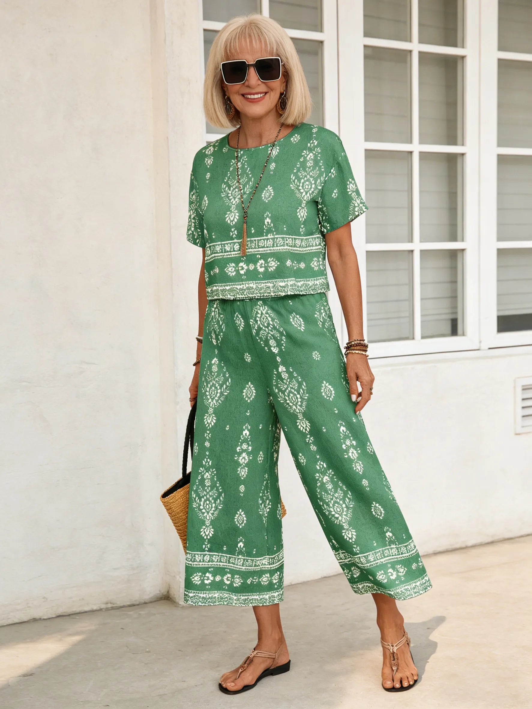 2Pcs Contrasting Color Ethnic Pattern Printed Short-sleeved Top + Straight Pants Set