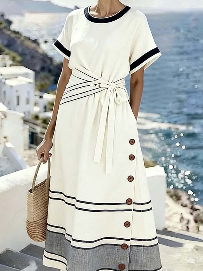 Women'S Casual Color-Block Striped Dress