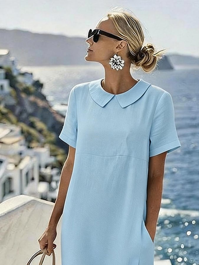 Women's Casual Collared Solid Color Short-Sleeved Loose Dress