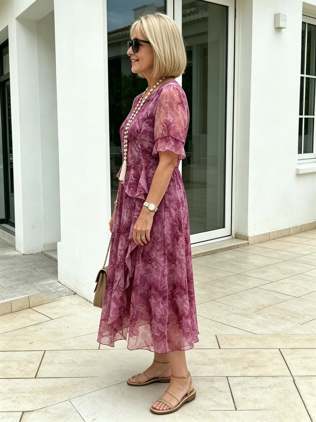 Purple Floral Mesh Chiffon Midi Dress, V-Neck Ruffle 3/4 Sleeve Waist Ruffle Loose Slimming Mom Dress