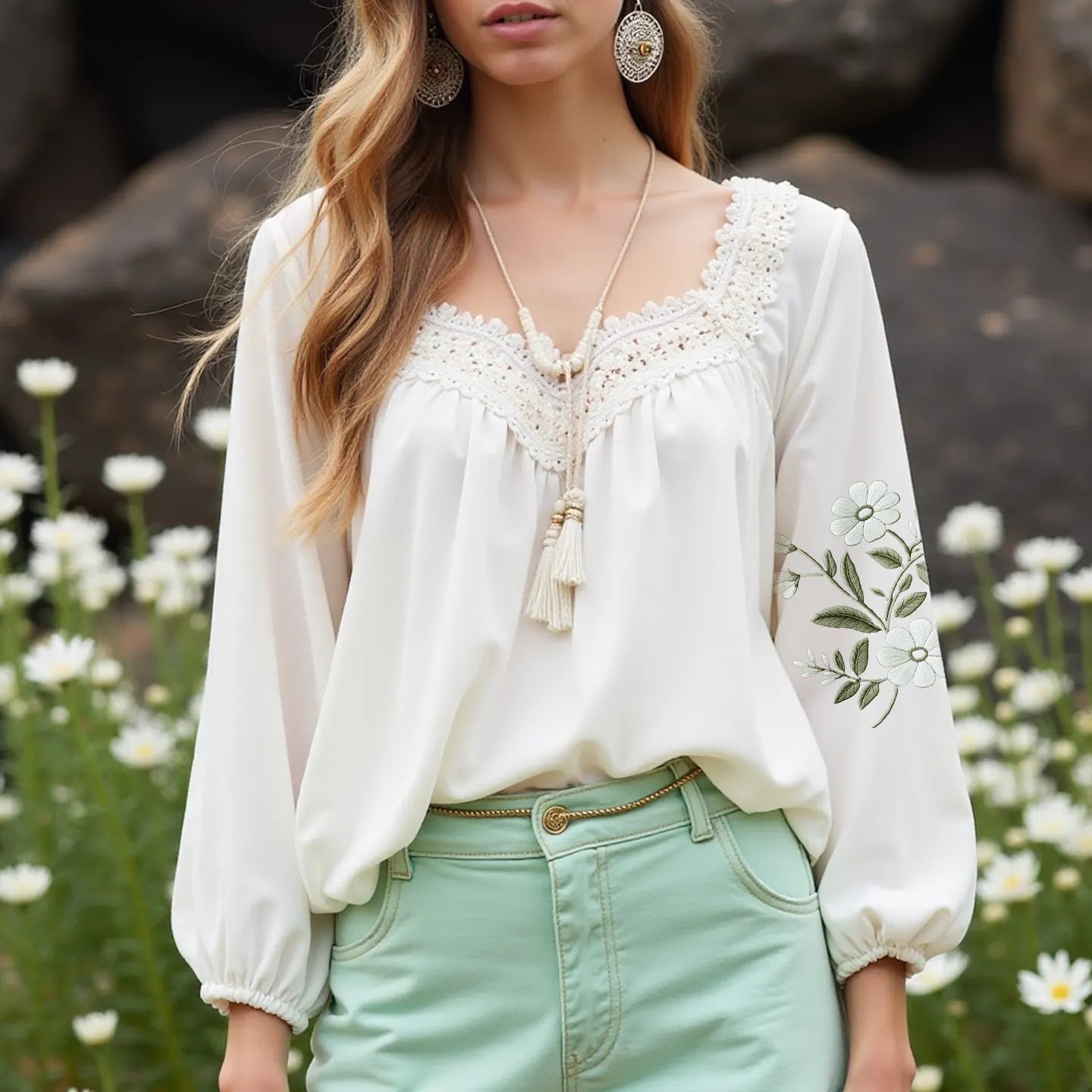 Women's Elegant Flower Embroidered Long Sleeve Shirt