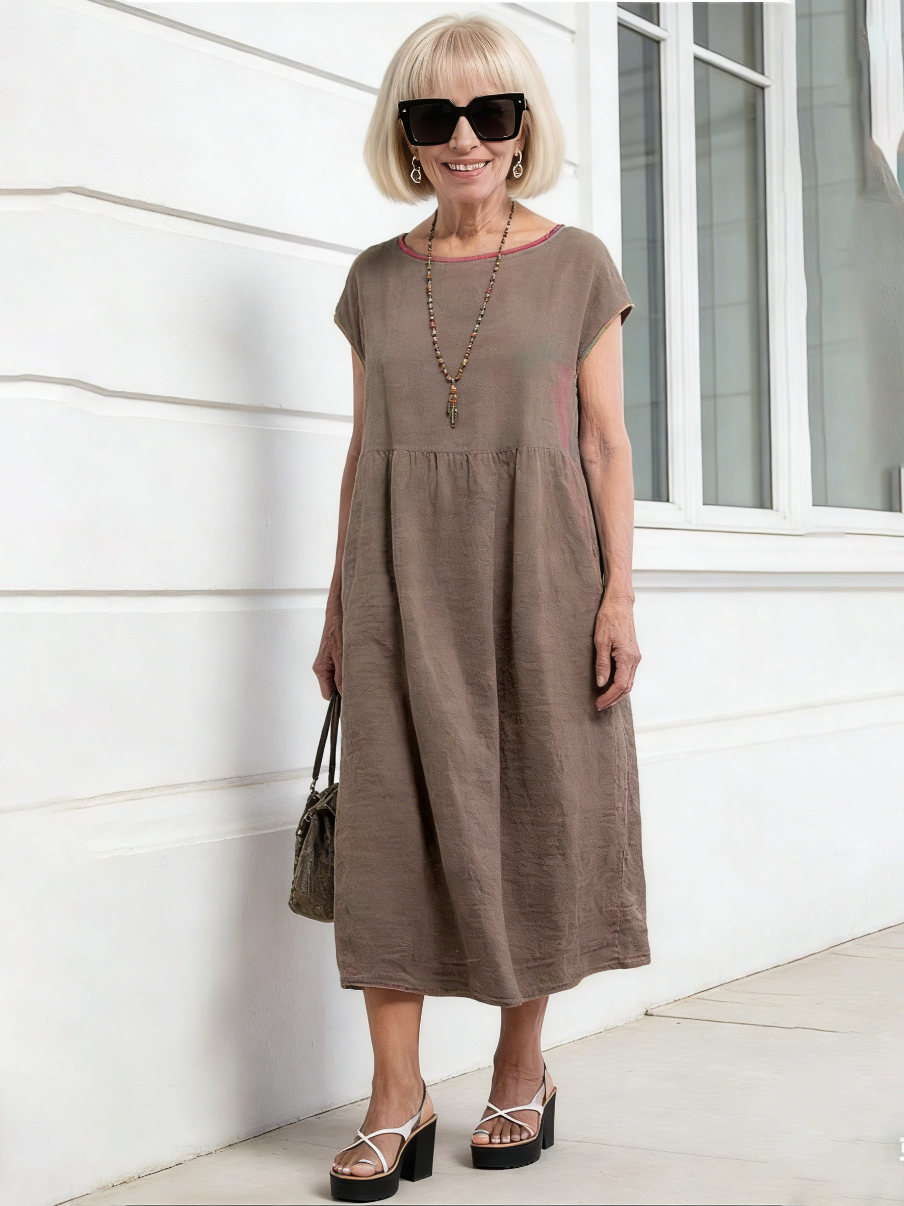 Solid Color Linen Round Neck Fitted Dress