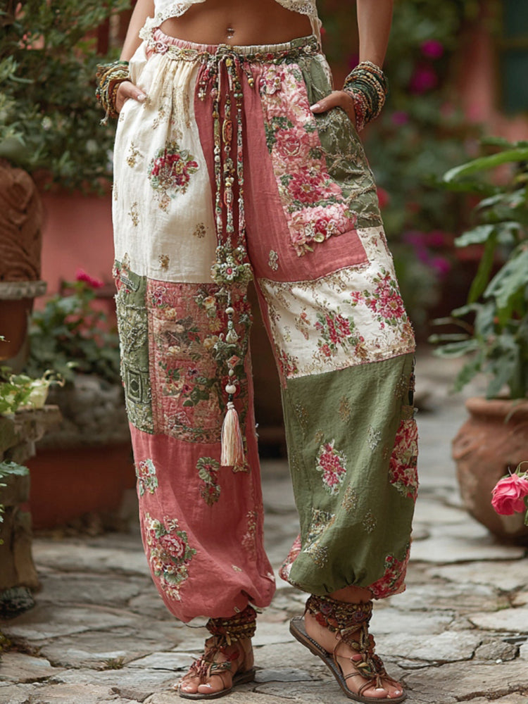 Women's Retro Floral Patchwork Art Casual Pants