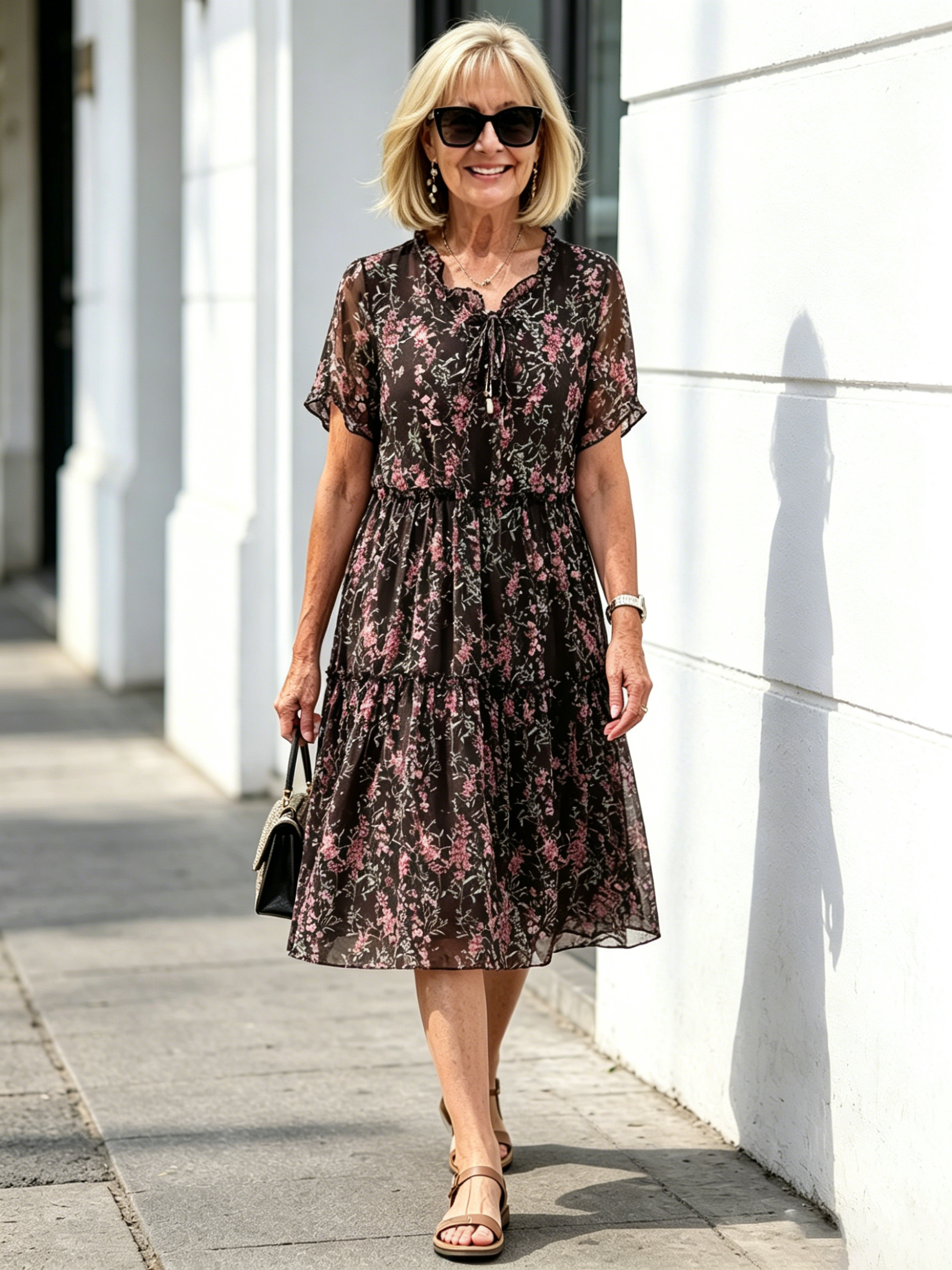 Dark Floral Mesh Tiered Midi Dress, Tie Neck Short Sleeve Elastic Waist Loose Tummy Concealing Dress for Plus Size Mature Women
