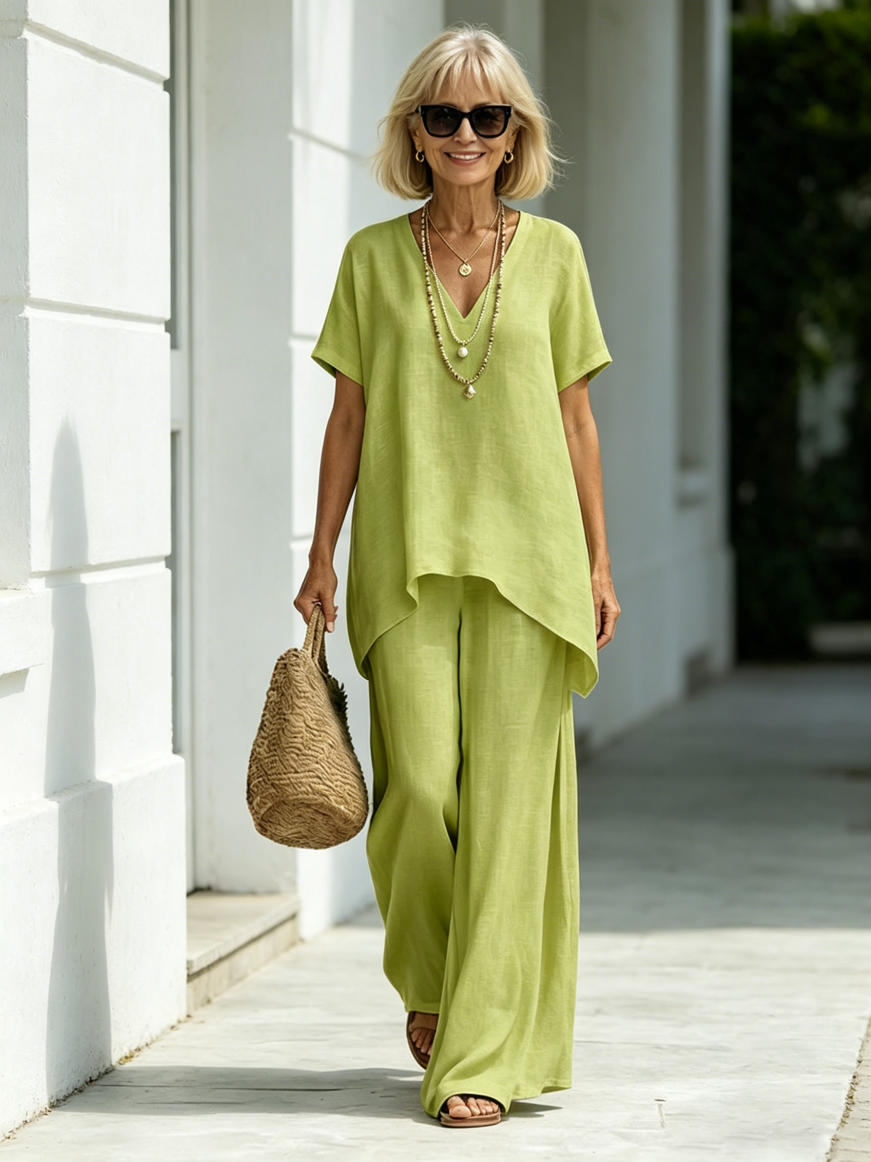 Cotton and Linen V-neck Short-sleeved Fashion Loose Top Wide-leg Pants Set