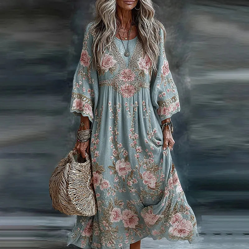 Women's Floral Art Flowy Linen Blend Casual Long Sleeve Maxi Dress