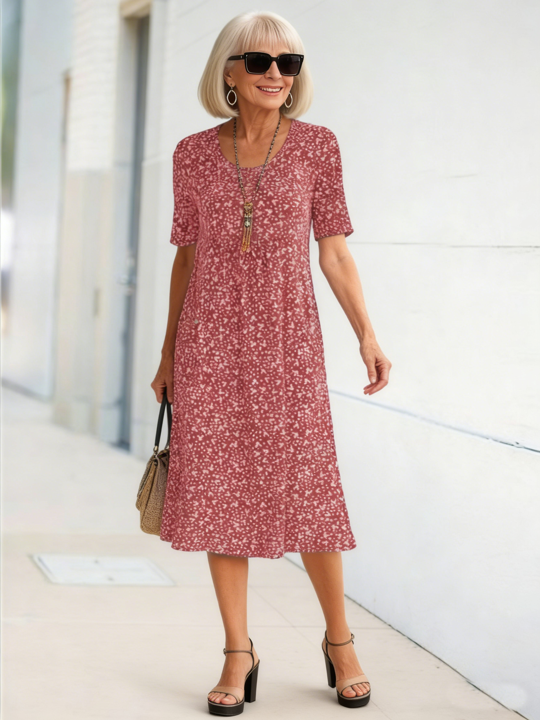 Holiday Style Round Neck Short-sleeved Floral Medium and Long Dress