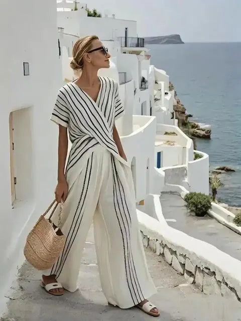 Women'S Loose Striped Resort Pants Set