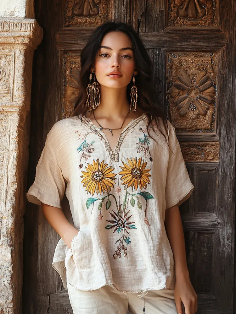 Women's Floral Embroidery Casual Cotton And Linen T-shirt