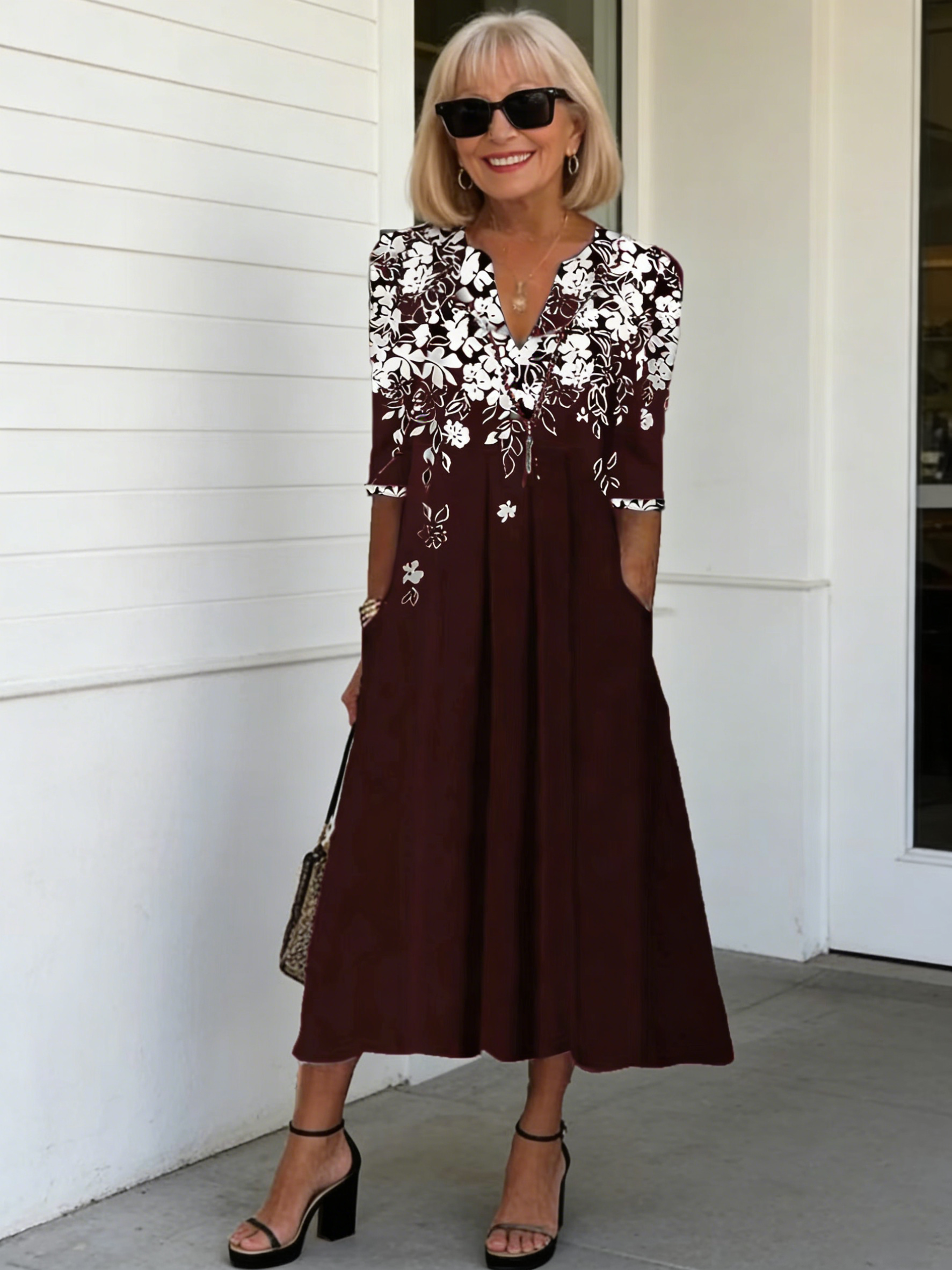 V-neck Pocket Bohemian Print Seven-quarter Sleeve Dress