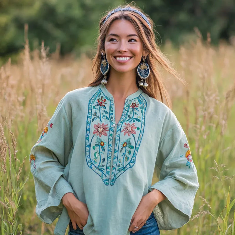 Women's Mexican Embroidery Style Bohemian Embroidered Floral Shirt