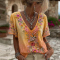 Women's Bohemia Floral Print V-neck Linen Blend T-shirt