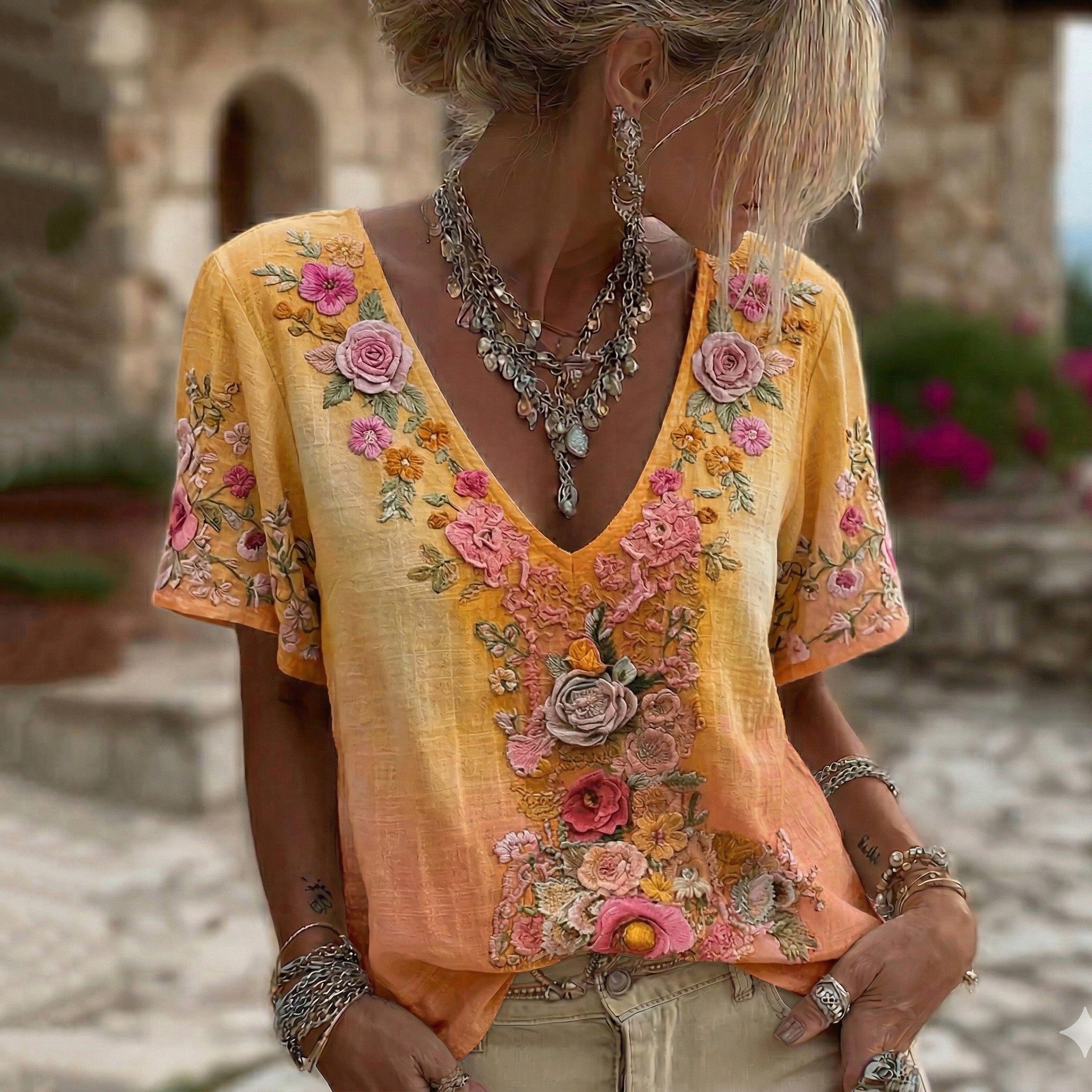 Women's Bohemia Floral Print V-neck Linen Blend T-shirt