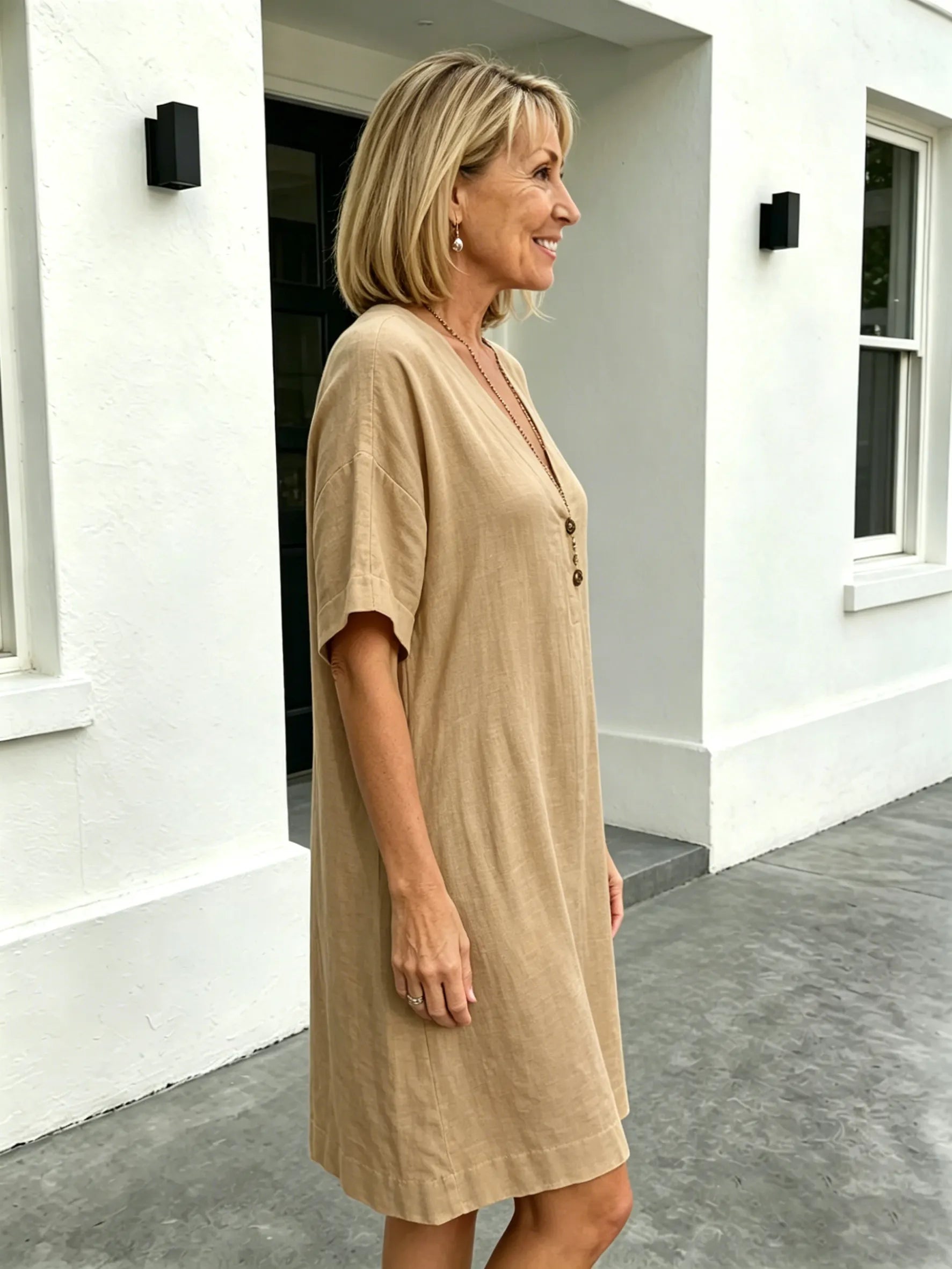 Short Sleeve V-Neck Cotton and Linen Loose Summer Dress