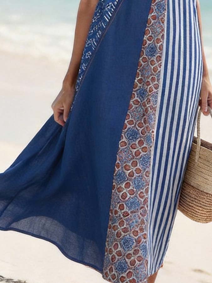 Women'S Round Neck Sleeveless Color-Block Printed Dress