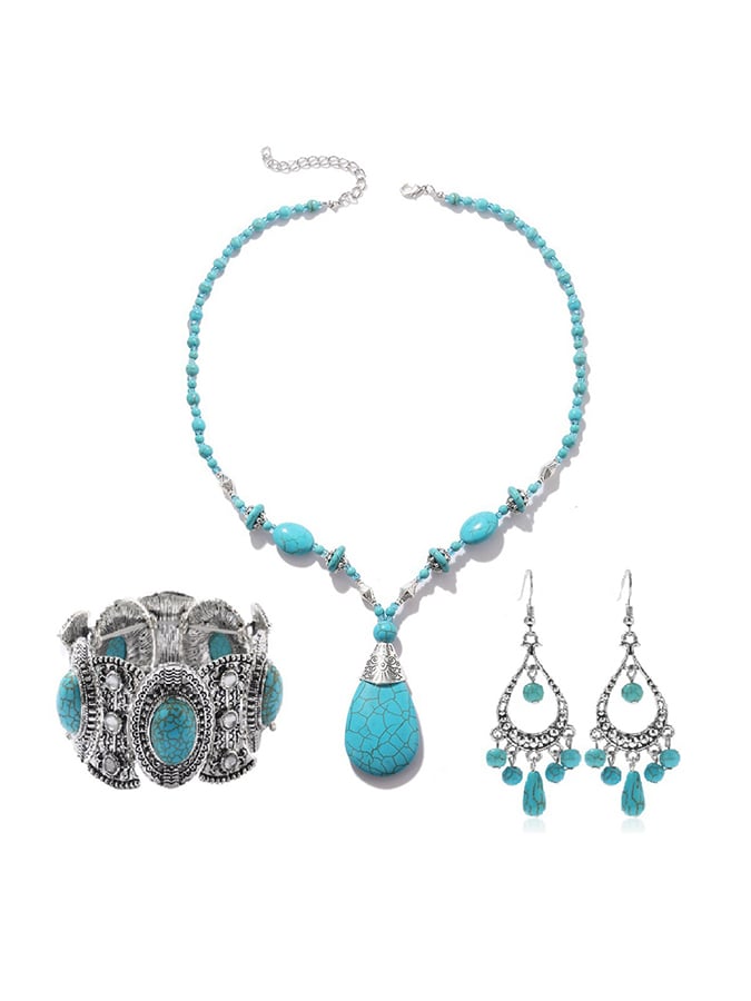 Vintage Turquoise Pendant Bohemian Beaded Ethnic Jewelry Turquoise Necklace Earring Set