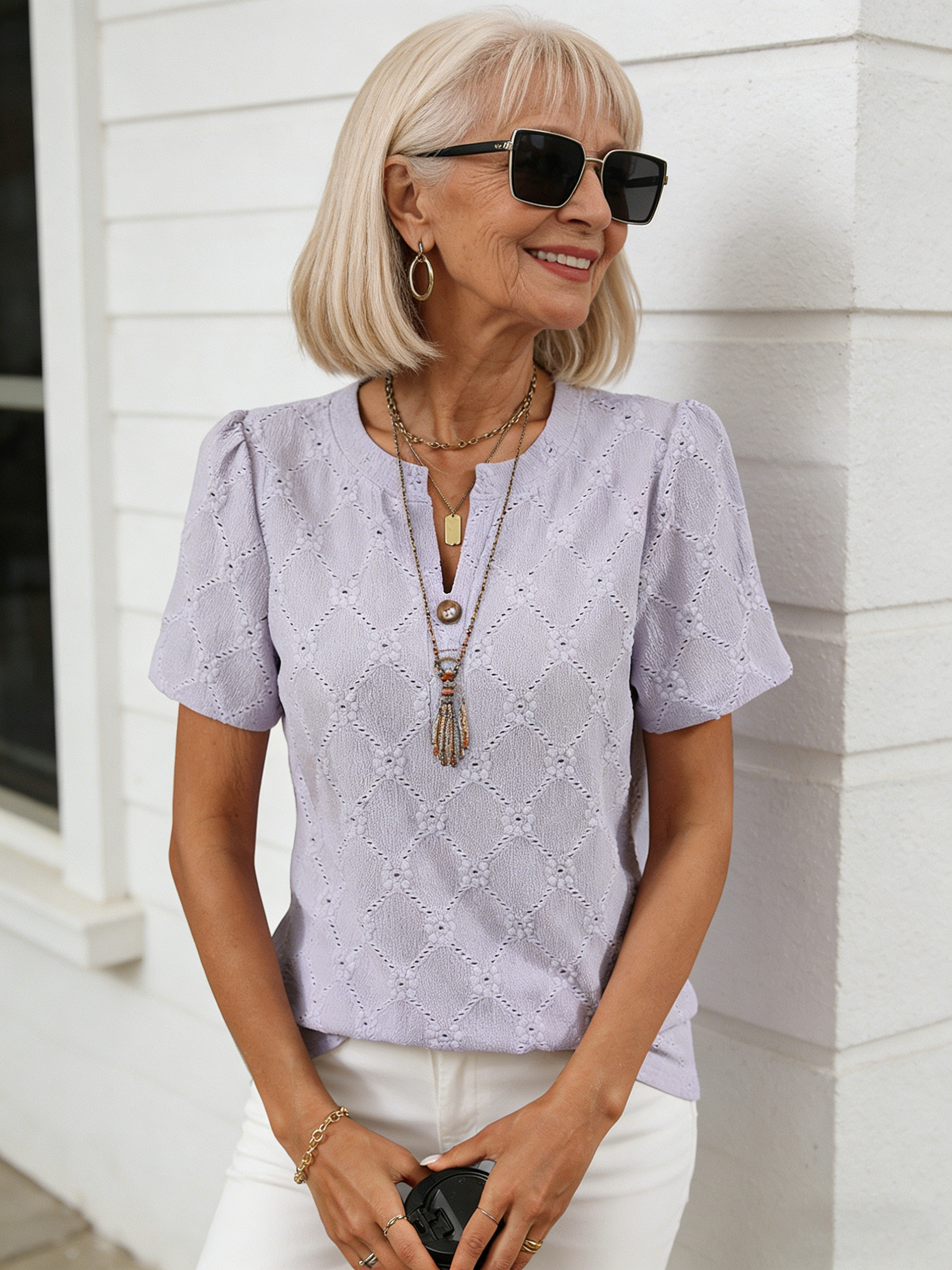 Crew Neck Short Sleeve Flower Jacquard Top Button T-Shirt