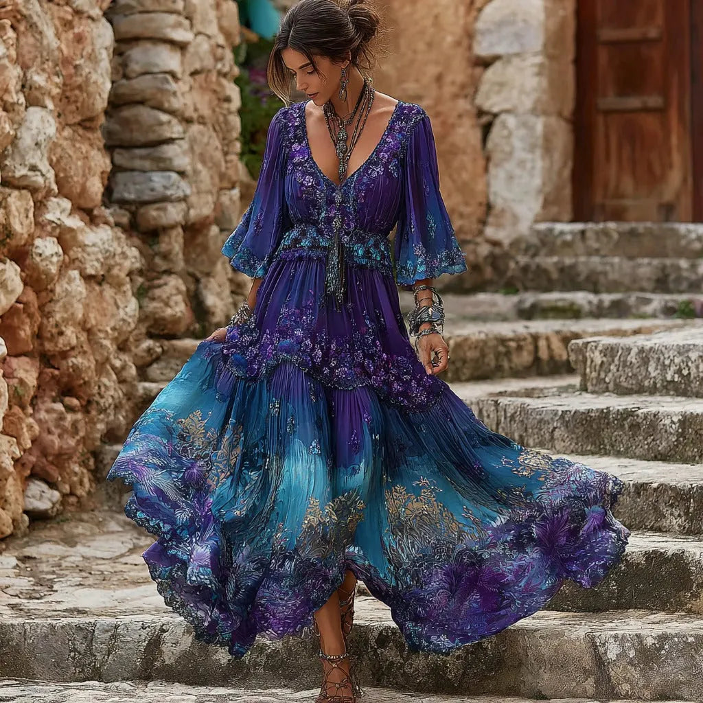 Women's Purple Floral Embroidery Gradient Casual V-neck Dress